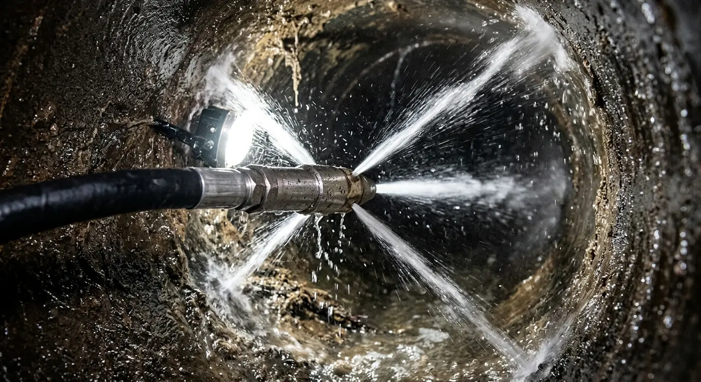 High-pressure hydro jetting nozzle cleaning sewer pipe for Emergency Drain Service in Coatesville