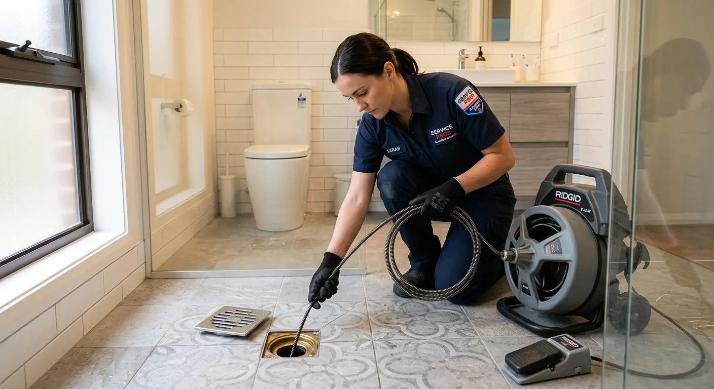 Technician clearing a bathroom floor drain for Drain Repair in Coatesville